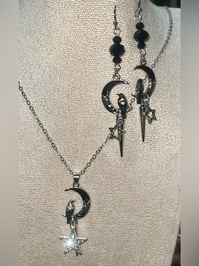 Hand Crafted Raven Crescent Moon Necklace and Earrings Set